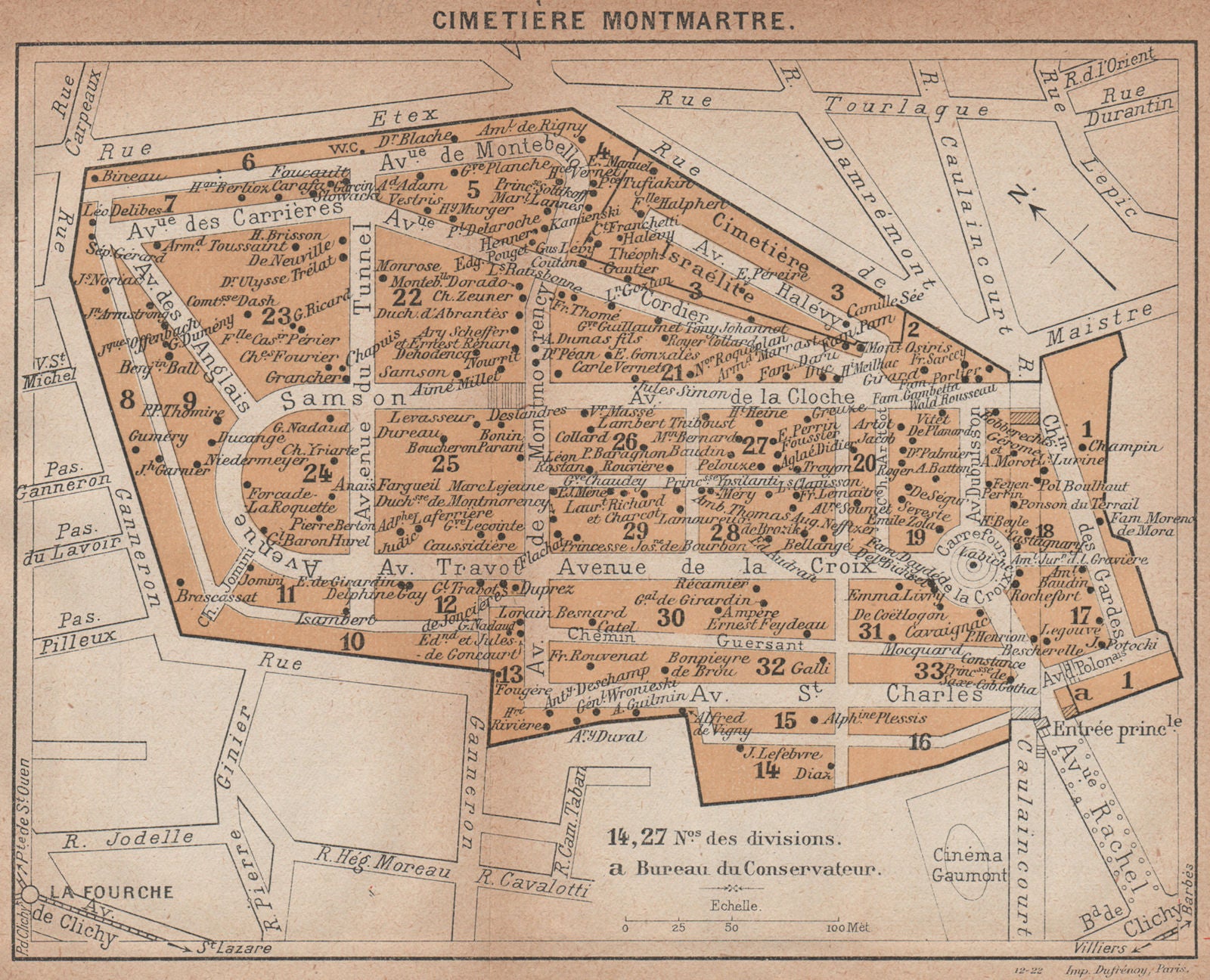 CIMETIÈRE CIMETIERE MONTMARTRE CEMETERY. Vintage map plan. Paris 1922 old